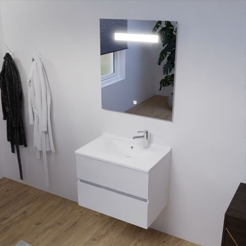 Meuble Salle De Bain 70 Cm Rosaly Avec Plan Vasque Et Miroir Elégance Ht80- Blanc- Résine
