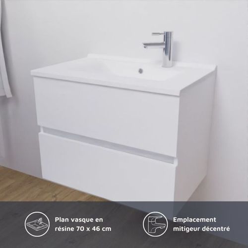 Meuble Salle De Bain 70 Cm Rosaly Avec Plan Vasque Et Miroir Elégance Ht80- Blanc- Résine
