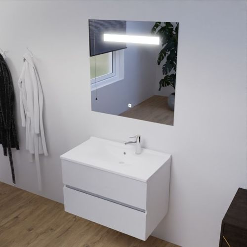 Meuble Salle De Bain 80 Cm Rosaly Avec Plan Vasque Et Miroir Elégance Ht80- Blanc- Résine