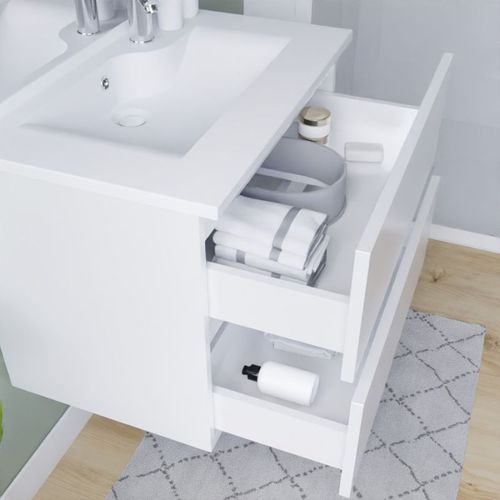 Meuble Salle De Bain Suspendu 80 Cm Rosaly Inox- Blanc- Plan Vasque En Résine