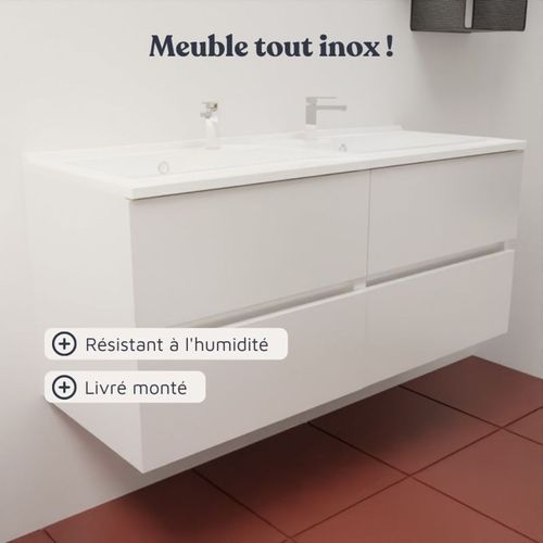 Meuble Double Vasque 120 Cm Rosaly Inox- Blanc- Plan Vasque En Résine