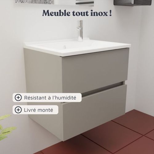 Meuble Salle De Bain Suspendu 60 Cm Rosaly Inox- Gris- Plan Vasque En Résine