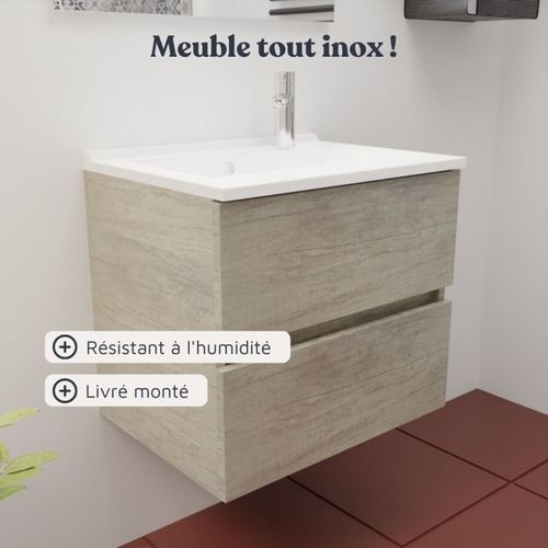 Meuble Salle De Bain Suspendu 60 Cm Rosaly Inox- Bois- Plan Vasque En Résine