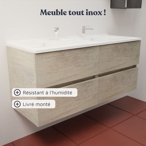 Meuble Double Vasque 120 Cm Rosaly Inox- Bois- Plan Vasque En Résine