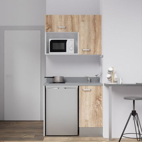 Kitchenette K00l - 100 Cm - Emplacements Frigo Top Et Micr Bois - Cromo - Évier à Droite