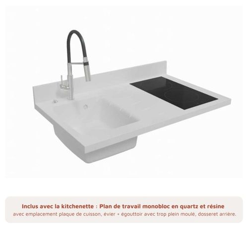 Kitchenette K00l - 100 Cm - Emplacements Frigo Top Et Micr Blanc - Snova - Évier à Gauche