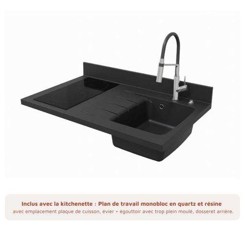 Kitchenette K00l - 100 Cm - Emplacements Frigo Top Et Micr Blanc - Nero - Évier à Droite