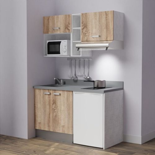 Kitchenette K13l - 140 Cm - Emplacements Frigo, Hotte Et M Bois - Cromo - Évier à Gauche