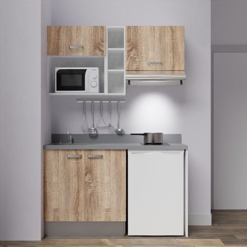 Kitchenette K13l - 140 Cm - Emplacements Frigo, Hotte Et M Bois - Cromo - Évier à Gauche