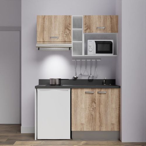Kitchenette K13l - 140 Cm - Emplacements Frigo, Hotte Et M Bois - Nero - Évier à Droite