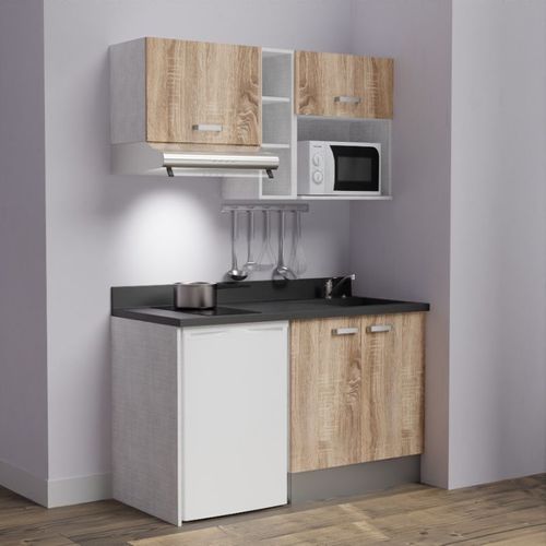 Kitchenette K13l - 140 Cm - Emplacements Frigo, Hotte Et M Bois - Nero - Évier à Droite