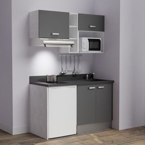 Kitchenette K13l - 140 Cm - Emplacements Frigo, Hotte Et M Gris - Nero - Évier à Droite
