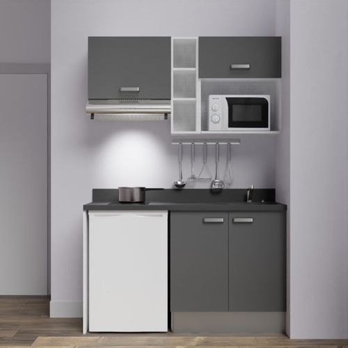 Kitchenette K13l - 140 Cm - Emplacements Frigo, Hotte Et M Gris - Nero - Évier à Droite