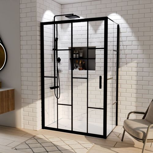 Paroi De Douche D'angle Effet Verrière Atelia Avec Porte Coulissante 120 Cm X 80 Cm