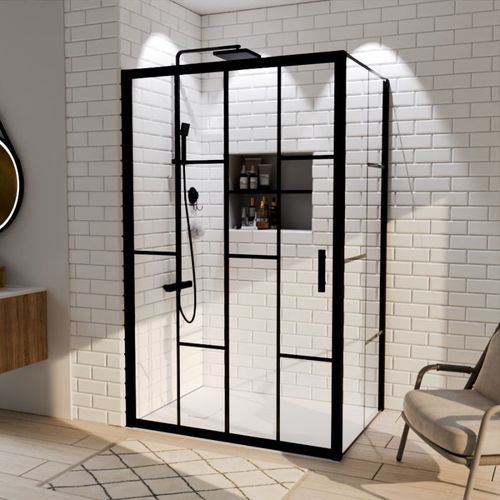 Paroi De Douche D'angle Effet Verrière Atelia Avec Porte Coulissante 120 Cm X 90 Cm