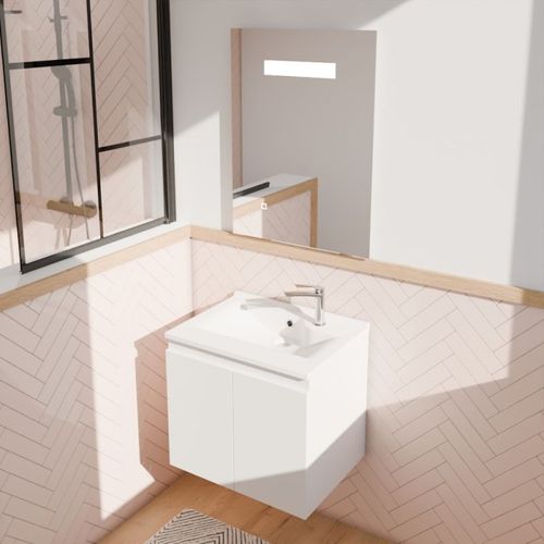 Meuble Proline 60 Cm Avec Plan Vasque Et Miroir Elégance Ht80 - Blanc Brillant