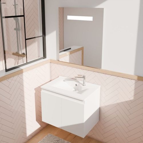 Meuble Proline 70 Cm Avec Plan Vasque Et Miroir Elégance Ht80- Blanc- Résine