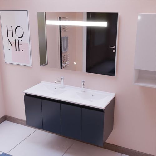 Meuble Proline 120 Cm Avec Plan Double Vasque Et Miroir Elégance Ht80- Gris- Résine