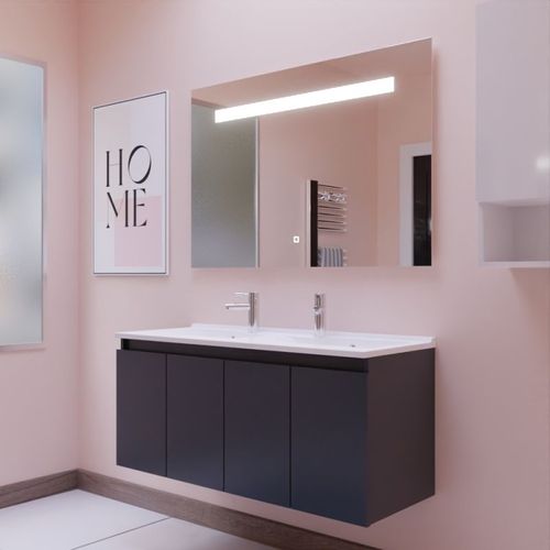 Meuble Proline 120 Cm Avec Plan Double Vasque Et Miroir Elégance Ht80- Gris- Résine