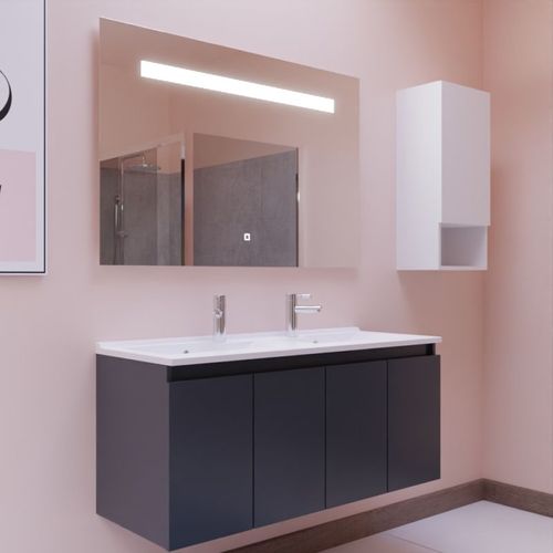Meuble Proline 120 Cm Avec Plan Double Vasque Et Miroir Elégance Ht80- Gris- Résine