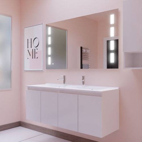 Meuble Proline 140 Cm Avec Plan Double Vasque Et Miroir Prestige- Blanc  - Vasque En Résine
