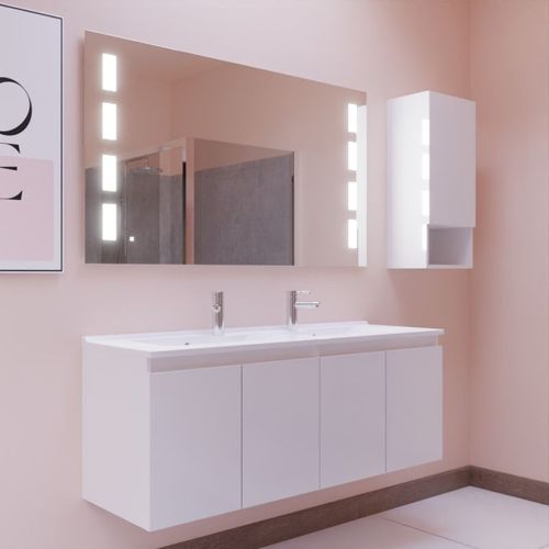Meuble Proline 140 Cm Avec Plan Double Vasque Et Miroir Prestige- Blanc  - Vasque En Résine
