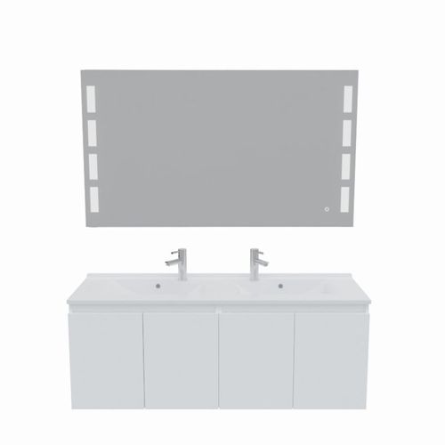 Meuble Proline 140 Cm Avec Plan Double Vasque Et Miroir Prestige- Blanc  - Vasque En Résine