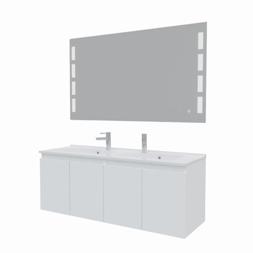 Meuble Proline 140 Cm Avec Plan Double Vasque Et Miroir Prestige- Blanc  - Vasque En Résine