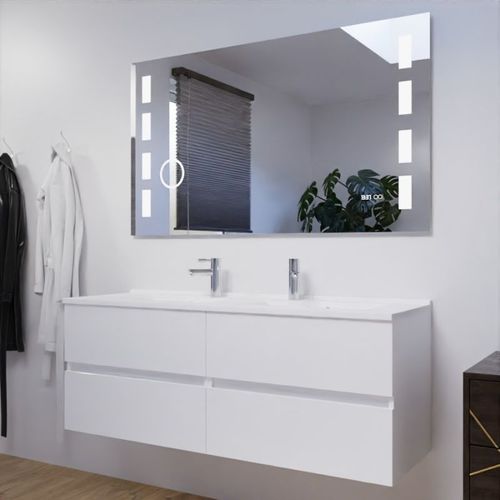 Meuble Double Vasque 140 Cm Rosaly Avec Miroir Excellence- Blanc  - Vasque En Résine