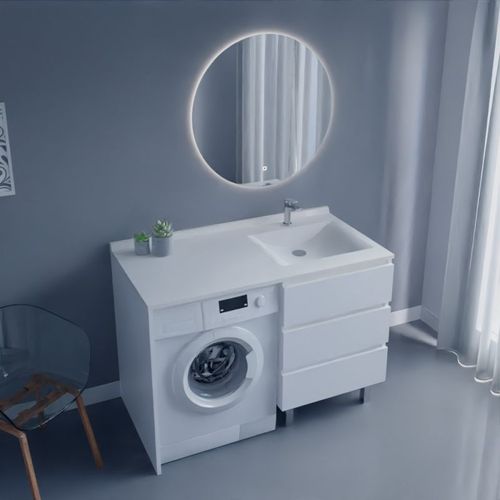 Meuble Lave-linge Kora Avec Plan Vasque Déportée + Miroir Rond Fazzio- Blanc- Vasque à Droite