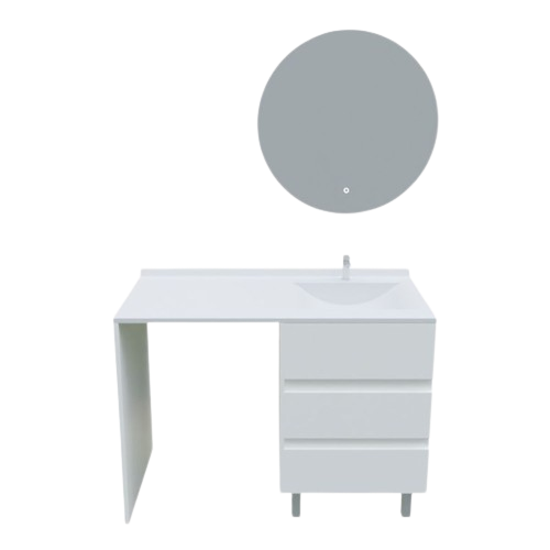 Meuble Lave-linge Kora Avec Plan Vasque Déportée + Miroir Rond Fazzio- Blanc- Vasque à Droite