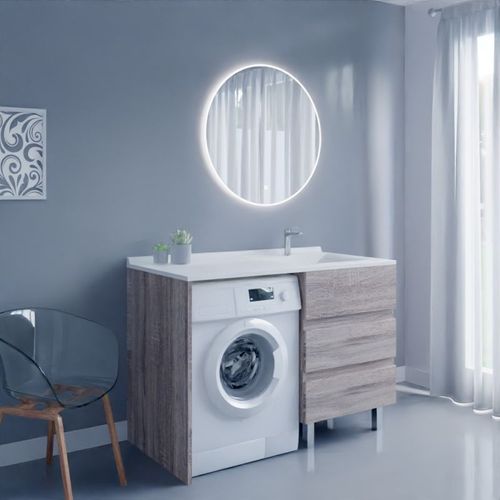 Meuble Lave-linge Kora Avec Plan Vasque Déportée + Miroir Rond Fazzio- Bois- Vasque à Droite