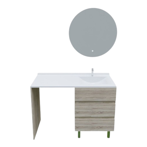 Meuble Lave-linge Kora Avec Plan Vasque Déportée + Miroir Rond Fazzio- Bois- Vasque à Droite