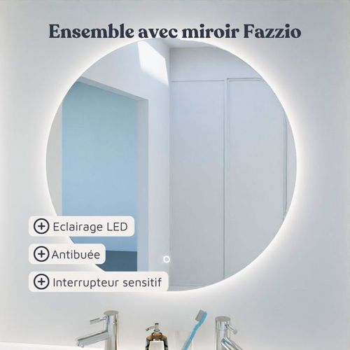Meuble Lave-linge Kora Avec Plan Vasque Déportée + Miroir Rond Fazzio- Bois- Vasque à Droite