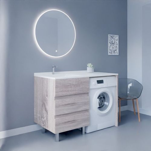 Meuble Lave-linge Kora Avec Plan Vasque Déportée + Miroir Rond Fazzio- Bois- Vasque à Gauche