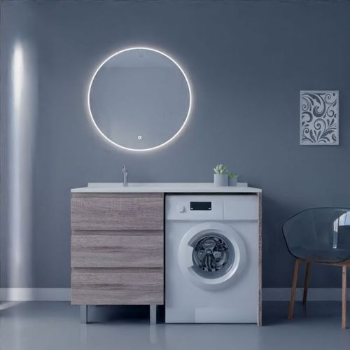 Meuble Lave-linge Kora Avec Plan Vasque Déportée + Miroir Rond Fazzio- Bois- Vasque à Gauche