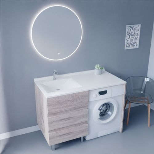 Meuble Lave-linge Kora Avec Plan Vasque Déportée + Miroir Rond Fazzio- Bois- Vasque à Gauche