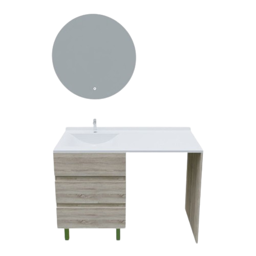 Meuble Lave-linge Kora Avec Plan Vasque Déportée + Miroir Rond Fazzio- Bois- Vasque à Gauche