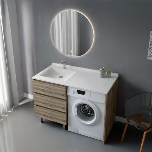 Meuble Lave-linge Kora Avec Plan Vasque Déportée + Miroir Rond Fazzio- Bois- Vasque à Gauche