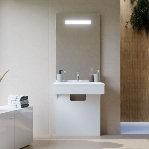 Meuble Vasque Pmr Epure 70 Cm Avec Miroir LED Eleg Plus Ht105 - Blanc Brillant