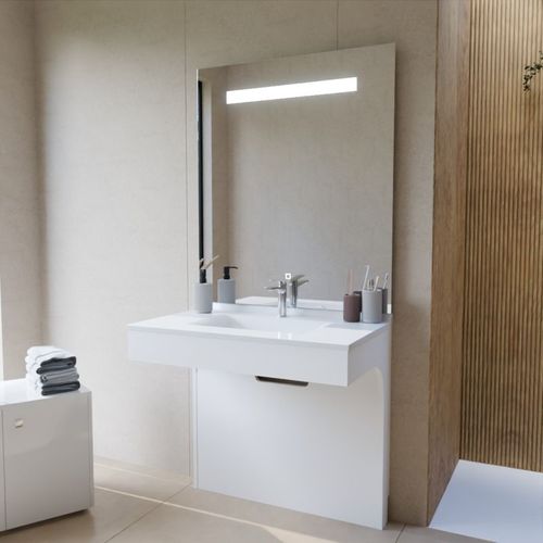 Meuble Vasque Pmr Epure 90 Cm Avec Miroir LED Elégance Ht105 - Blanc Brillant