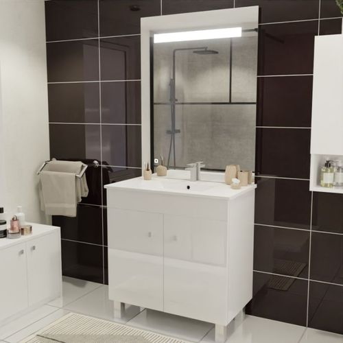 Meuble Ecoline 80 Cm Avec Plan Vasque Et Miroir Eleg Plus Ht105 - Blanc Brillant