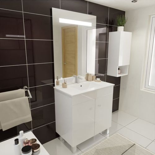Meuble Ecoline 80 Cm Avec Plan Vasque Et Miroir Eleg Plus Ht105 - Blanc Brillant
