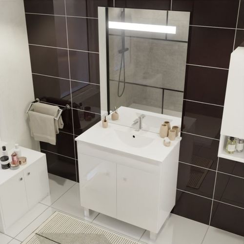 Meuble Ecoline 80 Cm Avec Plan Vasque Et Miroir Eleg Plus Ht105 - Blanc Brillant