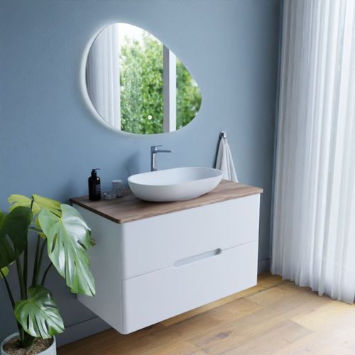 Meuble Salle De Bain Klass 100 Cm Avec Vasque à Poser Et Miroir LED - Blanc Et Bois