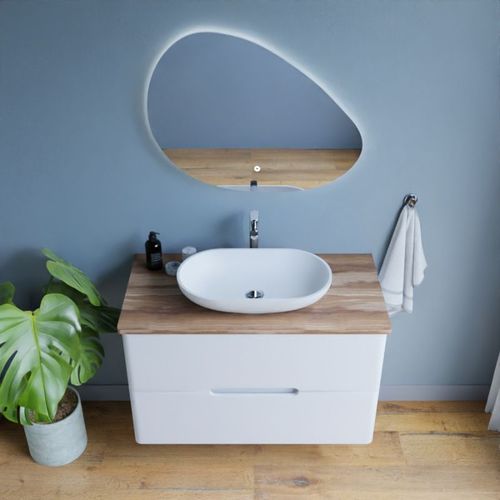 Meuble Salle De Bain Klass 100 Cm Avec Vasque à Poser Et Miroir LED - Blanc Et Bois