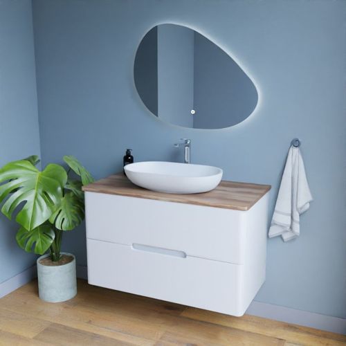 Meuble Salle De Bain Klass 100 Cm Avec Vasque à Poser Et Miroir LED - Blanc Et Bois