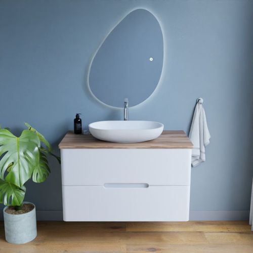Meuble Salle De Bain Klass 100 Cm Avec Vasque à Poser Et Miroir LED - Blanc Et Bois