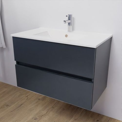 Meuble Salle De Bain Suspendu 80 Cm Rosaly- Gris- Céramique