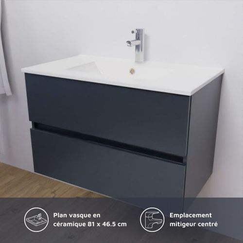 Meuble Salle De Bain Suspendu 80 Cm Rosaly- Gris- Céramique